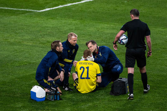 Dejan Kulusevski of Sweden in pain