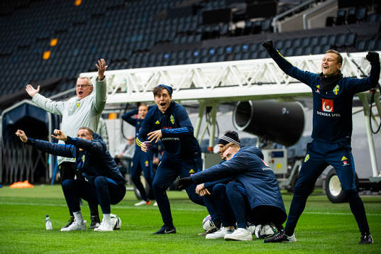 Head coach Janne Andersson, goalkeeper Robin Olsen, Victor