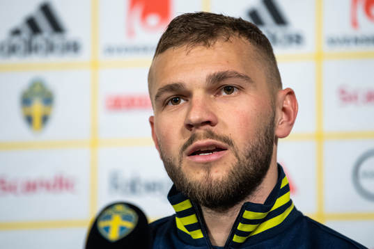 Jesper Karlström of Sweden attends a press conference with