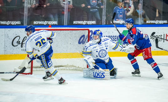 Leksands Patrik Norén, målvakt Kasimir Kaskisuo samt