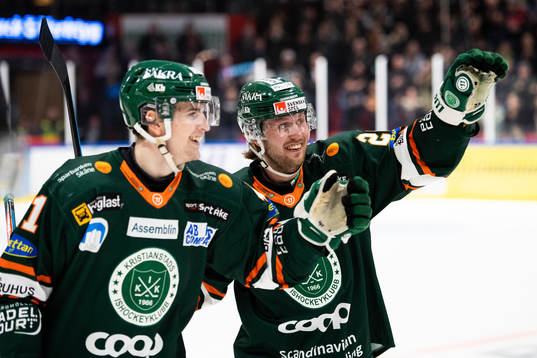 Kristianstads Erik Flood och Melker Eriksson jublar