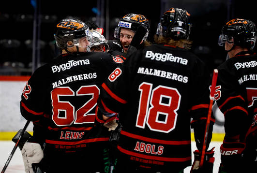 Örebros målvakt Jhonas Enroth jublar med Libor Sulak och