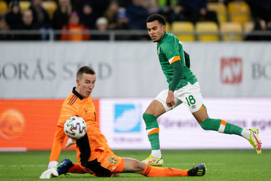 Tyreik Wright of Ireland scores the 0-2 goal