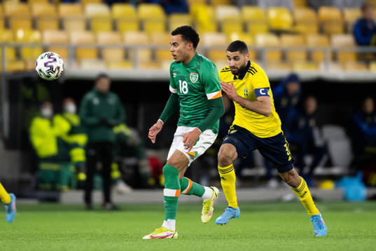 Tyreik Wright of Ireland and Aiham Ousou of Sweden