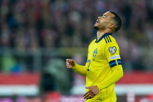 Robin Quaison of Sweden looks dejected
