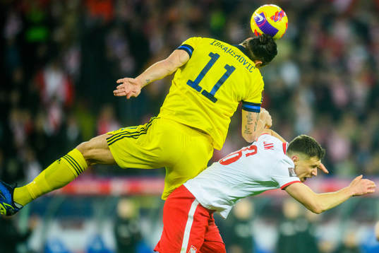 Zlatan Ibrahimovic  of Sweden and Krystian Bielik of Poland