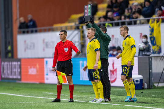 Isak Jansson and Jacob Ondrejka of Sweden wait to be