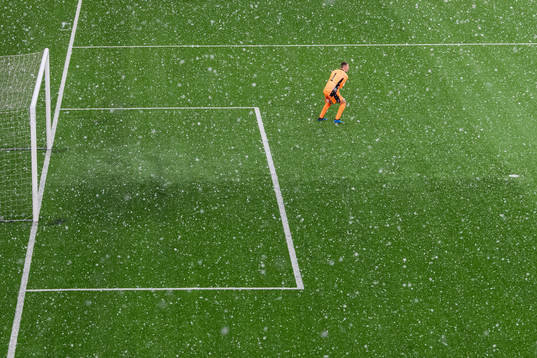 goalkeeper Samuel Brolin of Sweden in snowfall