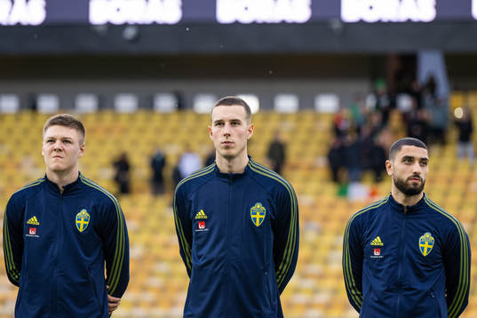 goalkeeper Samuel Brolin and Aiham Ousou of Sweden