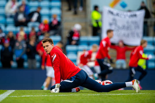 Goalkeeper Jacob Karlstrøm of Norway warms up