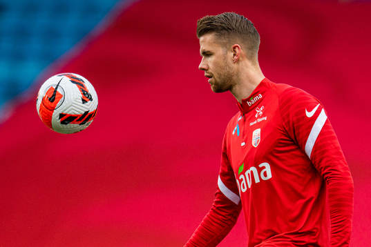 Kristoffer Ajer of Norway warms up