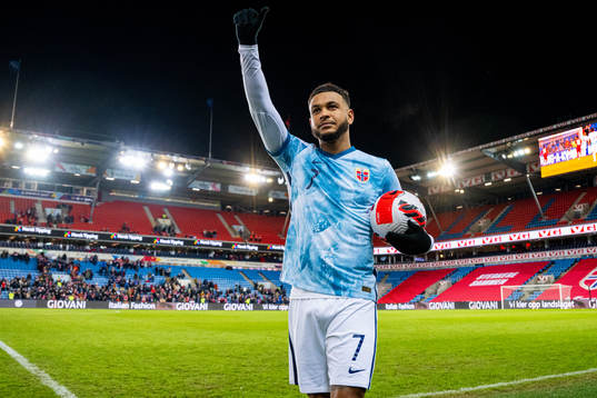 Joshua King of Norway with the match ball