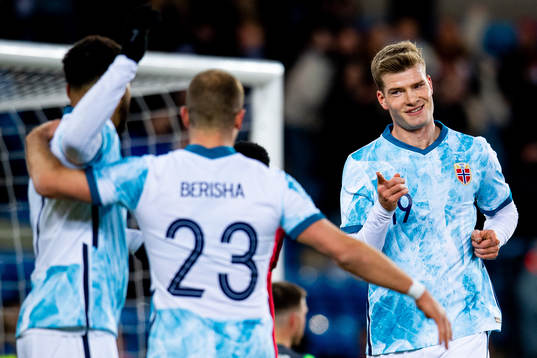 Alexander Sørloth of Norway celebrates