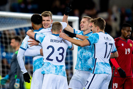 Alexander Sørloth of Norway celebrates with teammates