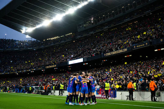 Players of Barcelona celebrate the 3-2 goal