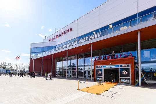 Exteriör vy av Vida arena före kvartsfinal två i SHL