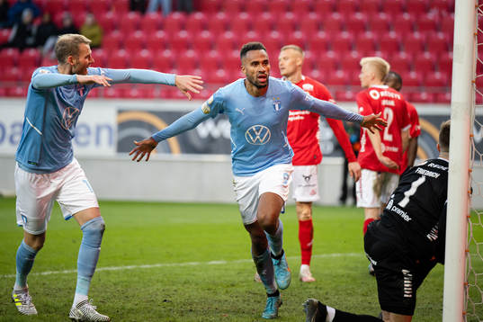 Malmö FFs Ola Toivonen och Isaac Kiese Thelin jublar