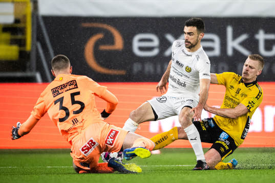 Mjällbys målvakt Samuel Brolin och Carlos Moros Gracia