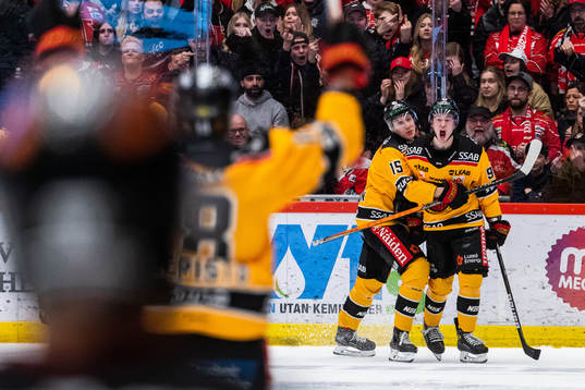 Luleås Carl Mattsson jublar med målskytten till 0-1