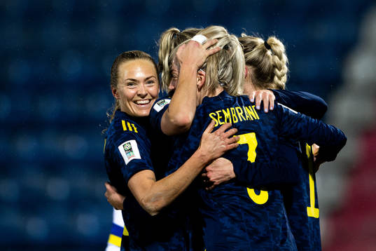 Magdalena Eriksson and Linda Sembrant of Sweden celebrate