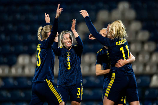Linda Sembrant of Sweden celebrates the 0-5 goal by Stina
