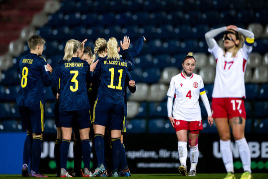 Players of Sweden celebrate the 0-6 goal