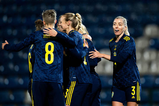 Linda Sembrant of Sweden celebrates the 0-5 goal by Stina