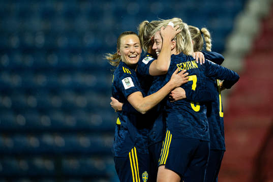 Magdalena Eriksson and Linda Sembrant of Sweden celebrate