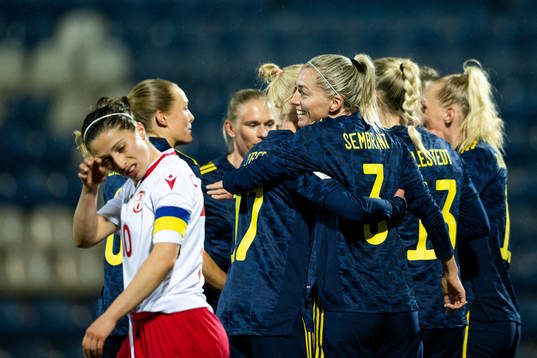 Caroline Seger and Linda Sembrant of Sweden celebrate the