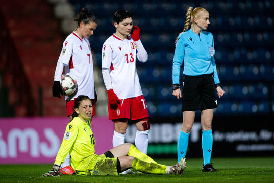 Goalkeeper Tatia Gabunia of Georgia in pain
