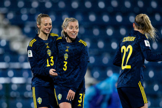 Amanda Ilestedt and Linda Sembrant of Sweden celebrate