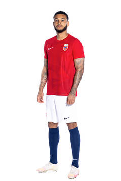 Joshua King of the Norwegian national football team poses