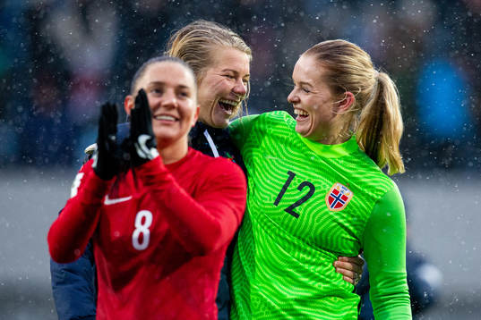 Ada Hegerberg and goalkeeper Guro Pettersen of Norway