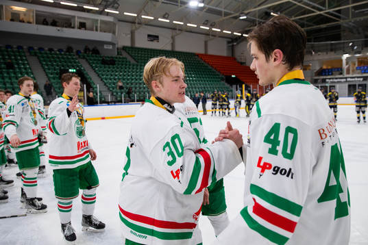 Rögles målvakt Fabian Arwidson och Alexander Ståhl jublar