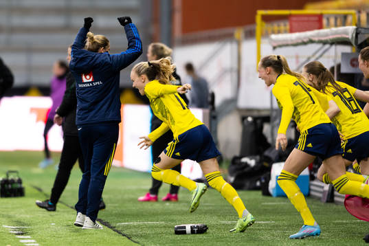 Sveriges spelare rusar in på planen och jublar