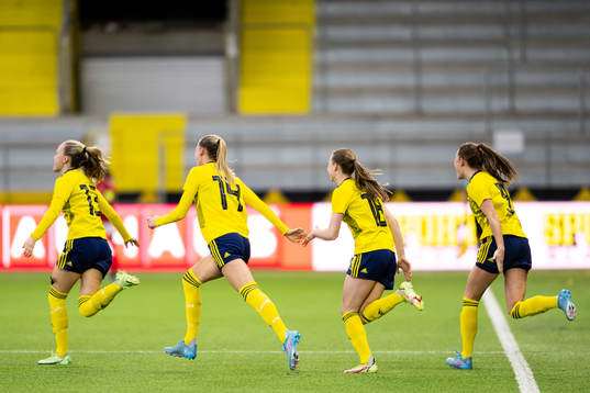 Sveriges spelare rusar in på planen och jublar