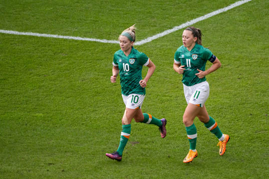 Denise O'Sullivan and Katie McCabe of Ireland celebrate the