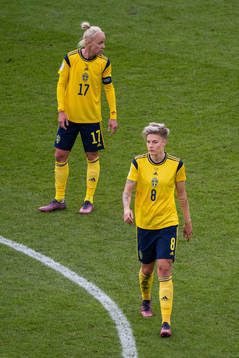 Caroline Seger and Lina Hurtig of Sweden look dejected