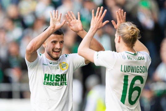 Hammarbys Astrit Selmani och Gustav Ludwigson jublar