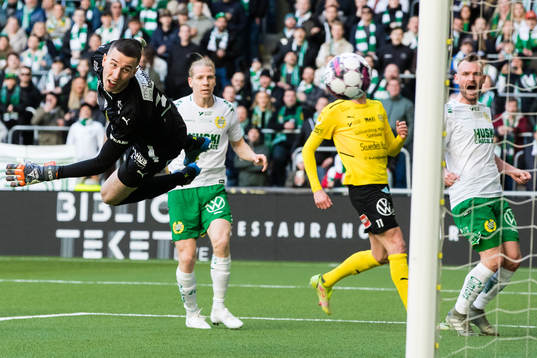 Hammarbys Gustav Ludwigson och Mjällbys målvakt Samuel
