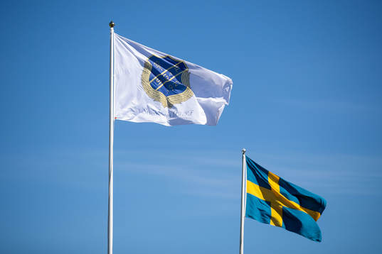 En flagga med Strövelstorps klubbmärke och