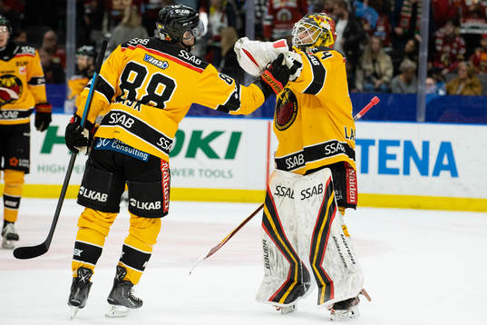 Luleås Joonas Rask och målvakt Joel Lassinantti jublar