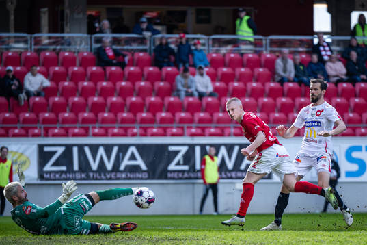 Kalmars Isak Jansson oroar framför Degerfors målvakt