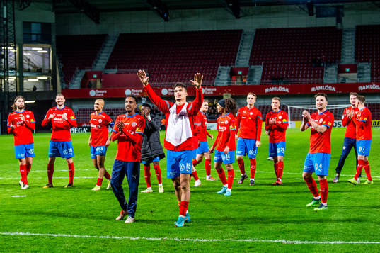 Helsingborgs Taha Ali och Assad Al Hamlawi jublar med