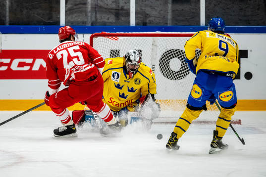 Oliver Lauridsen of Denmark and goalkeeper Jhonas Enroth of