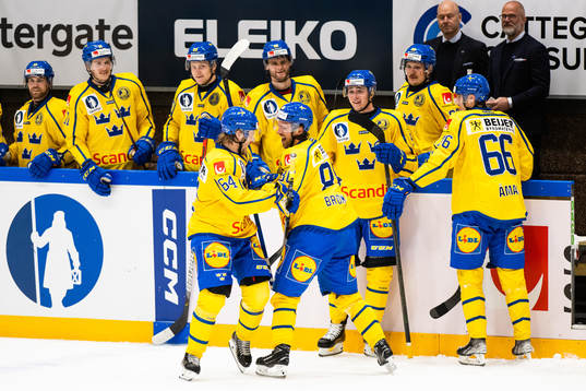 Jonathan Pudas and Mathias Bromé of Sweden celebrate