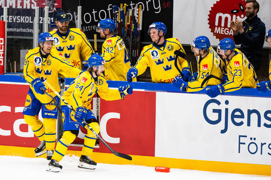 Mathias Bromé of Sweden celebrates with team mates