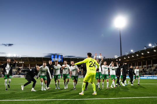Hammarbys spelare jublar med målvakt Oliver Dovin