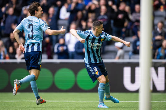 Djurgårdens Hjalmar Ekdal och Haris Radetinac jublar