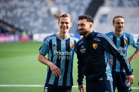 Djurgårdens Hampus Finndell och Sead Haksabanovic jublar